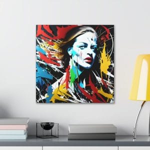 A Woman Action Painting Canvas with colorful splatters on her face, inspired by Jackson Pollock's artwork.