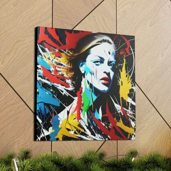 A Woman Jackson Pollock-style Canvas with colorful paint splatters on a wall. A Woman Jackson Pollock-style Canvas with colorful paint splatters on a wall.