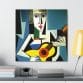 A Woman Playing Guitar on a Cubism Art Canvas.