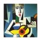 Cubism art canvas featuring a woman playing guitar.