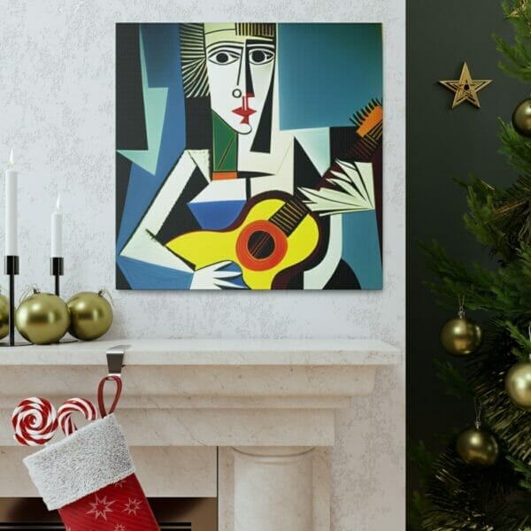 A Cubism Art Canvas portraying a Woman Playing Guitar in front of a fireplace. A Cubism Art Canvas portraying a Woman Playing Guitar in front of a fireplace.
