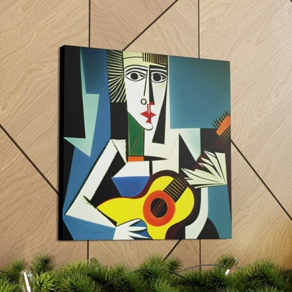 A Woman Playing Guitar Cubism Art Canvas hanging on a wall. A Woman Playing Guitar Cubism Art Canvas hanging on a wall.