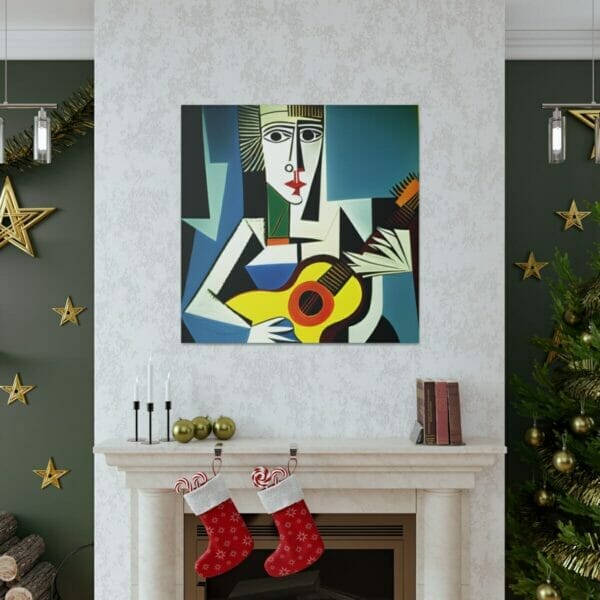 A Woman Playing Guitar in front of a fireplace, depicted in cubism art on canvas. A Woman Playing Guitar in front of a fireplace, depicted in cubism art on canvas.
