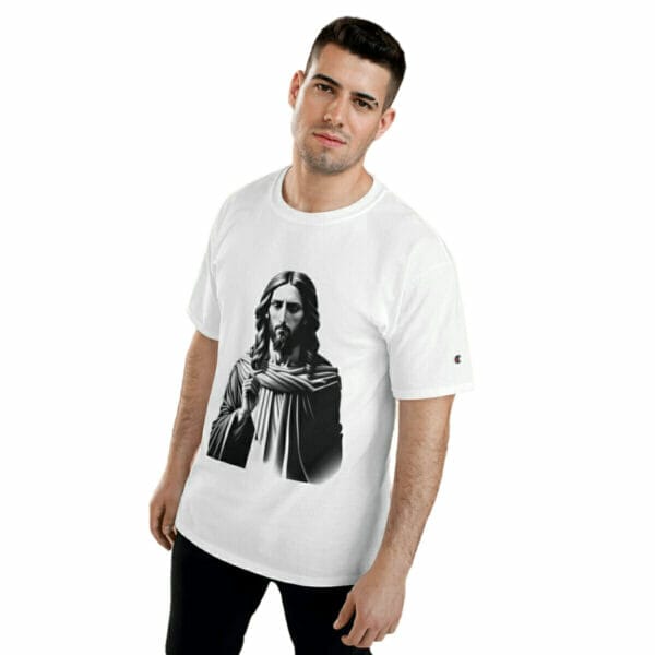 A man wearing a white t - shirt with an image of jesus. A man wearing a white t - shirt with an image of jesus.
