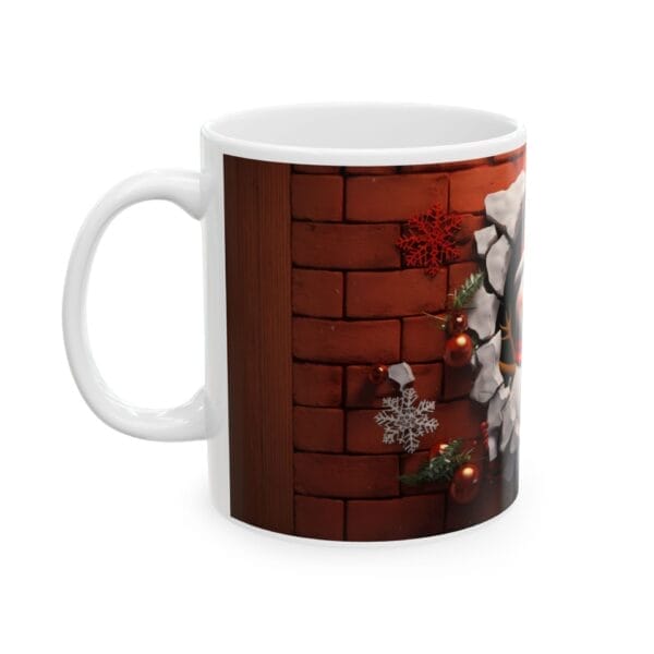 White "Happy Snowman" ceramic mug available in 11oz and 15oz, featuring a partial holiday wreath with ornaments and snowflakes set against a brick wall background. White "Happy Snowman" ceramic mug available in 11oz and 15oz, featuring a partial holiday wreath with ornaments and snowflakes set against a brick wall background.