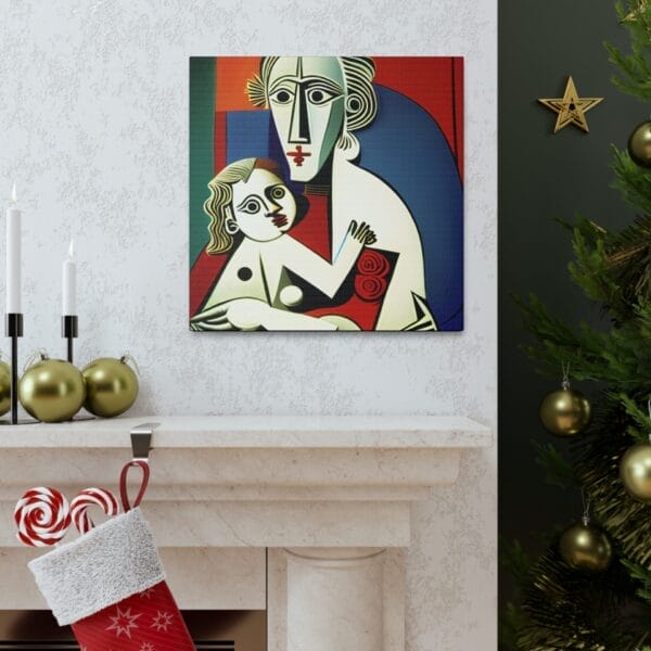 The "Mother's Love Cubism Art Canvas," inspired by Picasso's cubist style, features two abstract figures and is prominently displayed above a fireplace decorated for the holidays with festive ornaments and a nearby Christmas tree. The "Mother's Love Cubism Art Canvas," inspired by Picasso's cubist style, features two abstract figures and is prominently displayed above a fireplace decorated for the holidays with festive ornaments and a nearby Christmas tree.