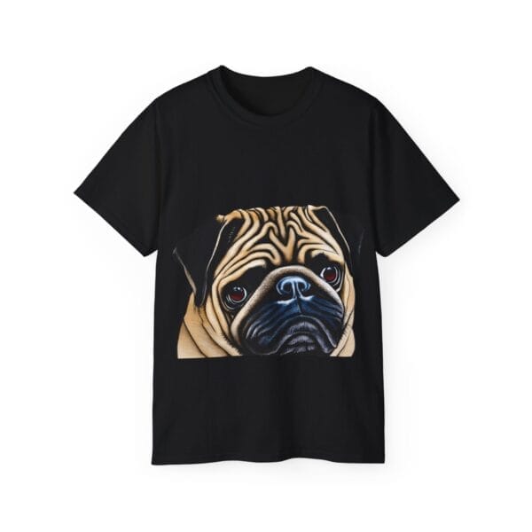Product Description: The Pug Head Shot Unisex Ultra Cotton Tee showcases a realistic print of a pug's face on the front, available in black for women. Product Description: The Pug Head Shot Unisex Ultra Cotton Tee showcases a realistic print of a pug's face on the front, available in black for women.
