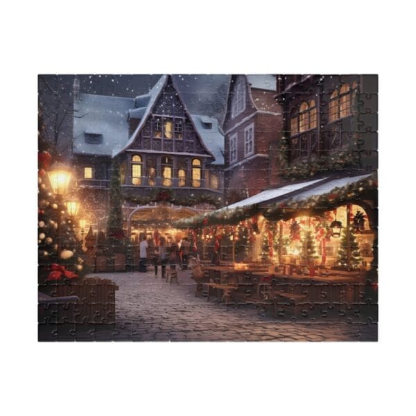 The Christmas Night Puzzle captures a quaint snowy town square adorned with festive holiday decorations, illuminated wooden stalls, and people savoring the cozy atmosphere. The Christmas Night Puzzle captures a quaint snowy town square adorned with festive holiday decorations, illuminated wooden stalls, and people savoring the cozy atmosphere.