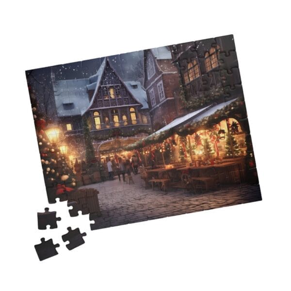 A partially completed Christmas Night Puzzle, featuring a festive snowy street scene with glowing market stalls and traditional buildings, sits with three pieces placed beside it. A partially completed Christmas Night Puzzle, featuring a festive snowy street scene with glowing market stalls and traditional buildings, sits with three pieces placed beside it.