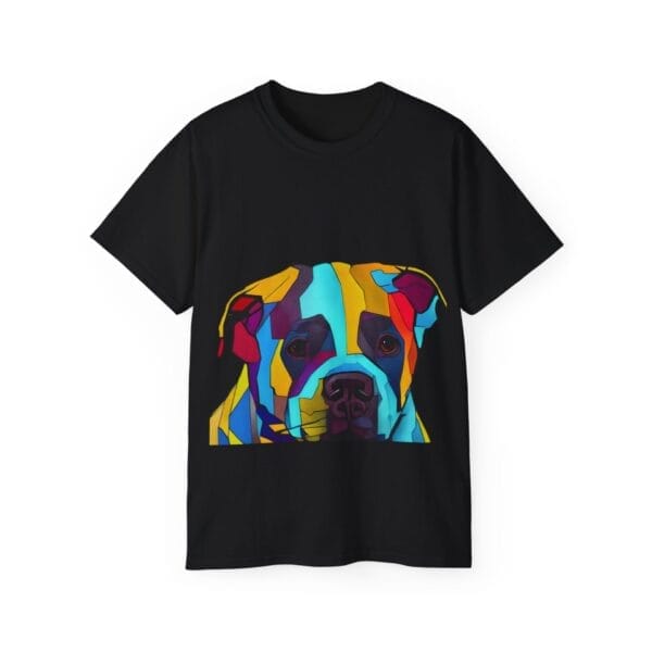 Black Pit Bull Unisex Ultra Cotton Tee featuring a vibrant geometric pitbull dog face design, ideal for fans of distinctive pitbull shirts. Black Pit Bull Unisex Ultra Cotton Tee featuring a vibrant geometric pitbull dog face design, ideal for fans of distinctive pitbull shirts.