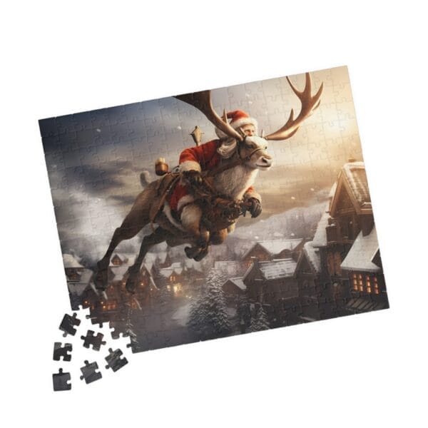 A puzzle from the Santa's Flying Reindeer series depicting Santa Claus riding a reindeer over a snowy village, with some pieces removed.