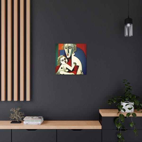 The "Mother's Love Cubism Art Canvas," an artistic depiction of an abstract figure reminiscent of Picasso's cubism, featuring a small animal, is displayed on a dark wall above a wooden cabinet adorned with plants and a decorative tree model. The "Mother's Love Cubism Art Canvas," an artistic depiction of an abstract figure reminiscent of Picasso's cubism, featuring a small animal, is displayed on a dark wall above a wooden cabinet adorned with plants and a decorative tree model.
