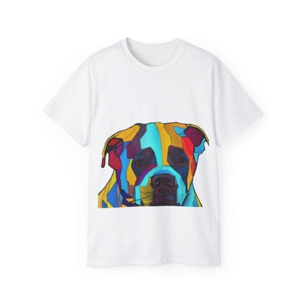 Unisex Ultra Cotton Tee showcasing a vibrant geometric illustration of a pit bull's face, ideal for fans of distinct pit bull shirts.