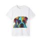 Unisex Ultra Cotton Tee showcasing a vibrant geometric illustration of a pit bull's face, ideal for fans of distinct pit bull shirts.