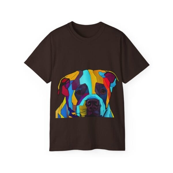 A Pit Bull Unisex Ultra Cotton Tee in black featuring a vibrant, geometric dog illustration on the front. A Pit Bull Unisex Ultra Cotton Tee in black featuring a vibrant, geometric dog illustration on the front.