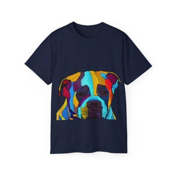 Unisex ultra cotton tee in navy blue showcasing a vibrant, abstract pitbull face design, ideal for fans of distinctive pit bull apparel. Unisex ultra cotton tee in navy blue showcasing a vibrant, abstract pitbull face design, ideal for fans of distinctive pit bull apparel.