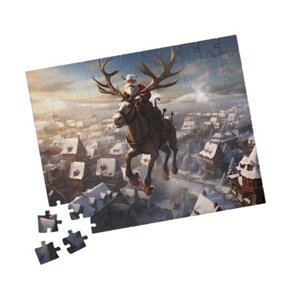 A Santa with Flying Reindeer Puzzle shows Santa riding a reindeer over a snowy village, with three pieces not yet attached. A Santa with Flying Reindeer Puzzle shows Santa riding a reindeer over a snowy village, with three pieces not yet attached.