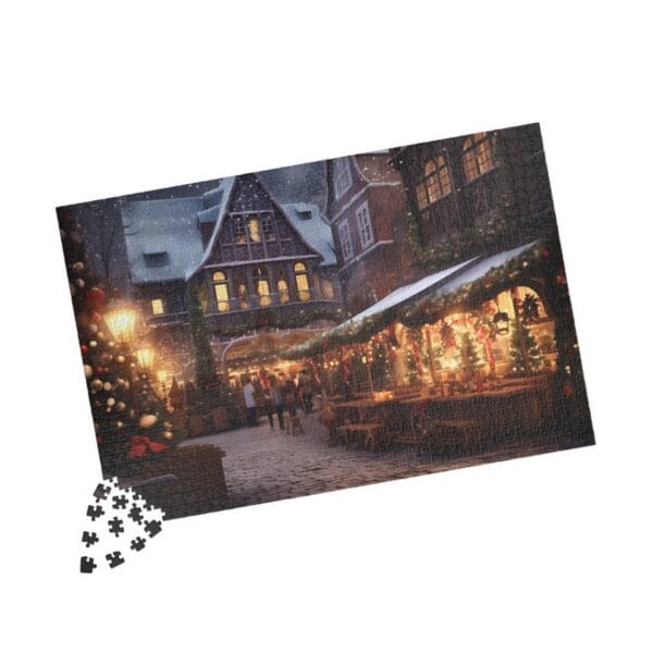 A partially assembled Christmas Night Puzzle captures a snowy market scene adorned with festive stalls and twinkling lights, with several loose pieces lying around.