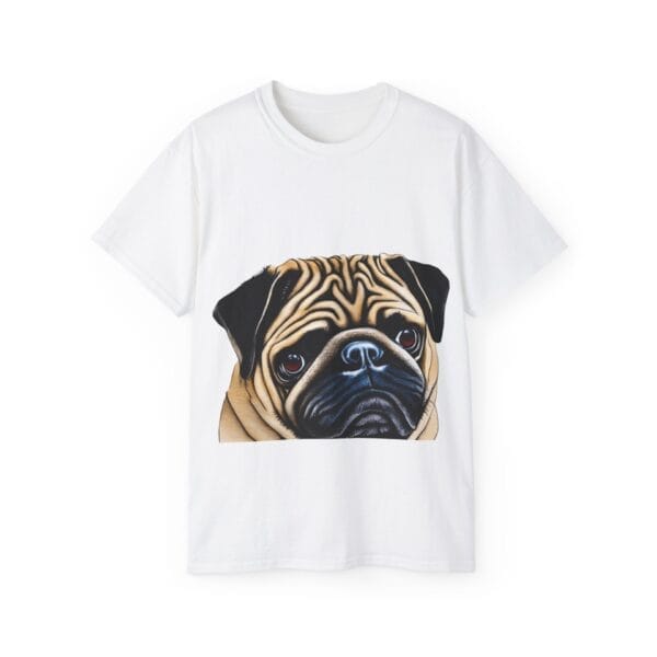 Introducing the Pug Head Shot Unisex Ultra Cotton Tee in white, showcasing a bold pug face illustration on the front—ideal for those who appreciate playful and stylish designs.