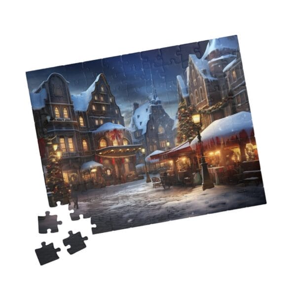 A partially completed Christmas Night in the Snow Puzzle reveals a snowy village scene with decorated buildings and streetlights on a dark evening, with four pieces yet to be placed. A partially completed Christmas Night in the Snow Puzzle reveals a snowy village scene with decorated buildings and streetlights on a dark evening, with four pieces yet to be placed.