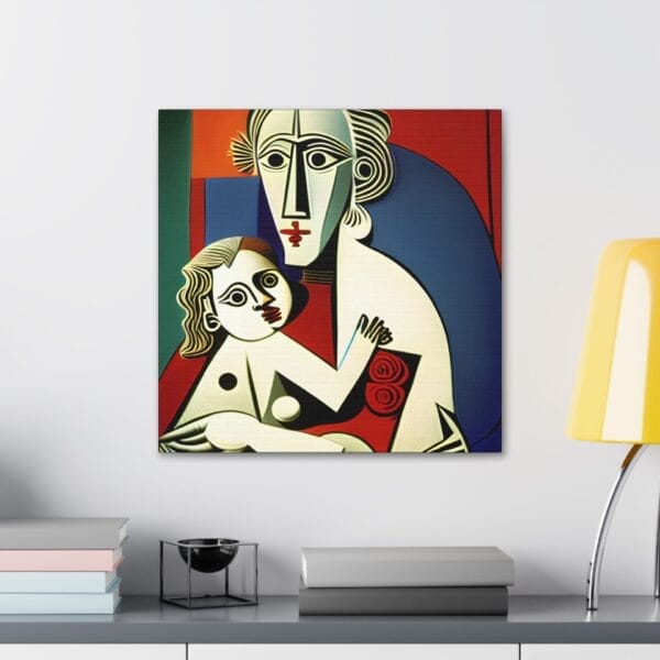 The "Mother's Love Cubism Art Canvas," an artwork inspired by Picasso cubism, showcases two abstract figures, one adult and one child, on a vibrant canvas. The painting hangs on a white wall above a shelf adorned with books and a contemporary lamp. The "Mother's Love Cubism Art Canvas," an artwork inspired by Picasso cubism, showcases two abstract figures, one adult and one child, on a vibrant canvas. The painting hangs on a white wall above a shelf adorned with books and a contemporary lamp.