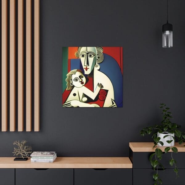 A modern room features the "Mother's Love Cubism Art Canvas" on the wall, evocative of Picasso cubist art, illustrating an abstract figure holding a smaller one. Below it, a wooden shelf elegantly displays a plant and decorative items. A modern room features the "Mother's Love Cubism Art Canvas" on the wall, evocative of Picasso cubist art, illustrating an abstract figure holding a smaller one. Below it, a wooden shelf elegantly displays a plant and decorative items.