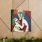The Mother's Love Cubism Art Canvas, mounted on a wooden wall, features two abstract figures in a Cubist style reminiscent of Picasso, with geometric shapes and bold colors.