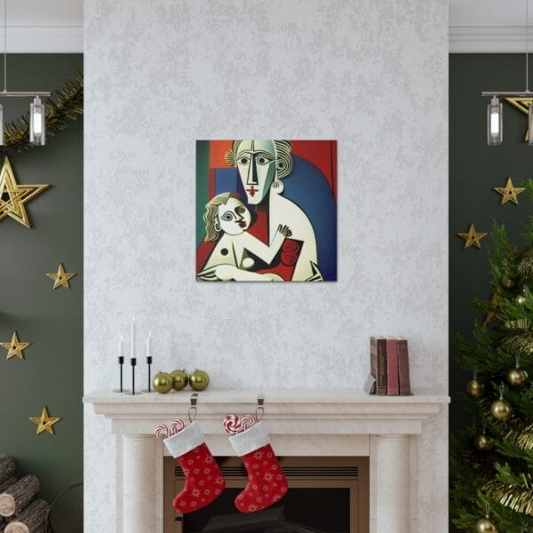 Above the fireplace hangs the captivating "Mother's Love Cubism Art Canvas," with Christmas stockings below. The room, adorned with a festive tree and stars, perfectly complements the vibrant cubism on canvas. Above the fireplace hangs the captivating "Mother's Love Cubism Art Canvas," with Christmas stockings below. The room, adorned with a festive tree and stars, perfectly complements the vibrant cubism on canvas.