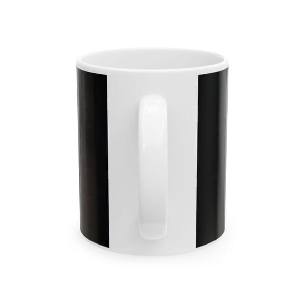 A Happy Santa Claus Ceramic Mug available in sizes 11oz and 15oz with vertical black stripes on a white background. A Happy Santa Claus Ceramic Mug available in sizes 11oz and 15oz with vertical black stripes on a white background.