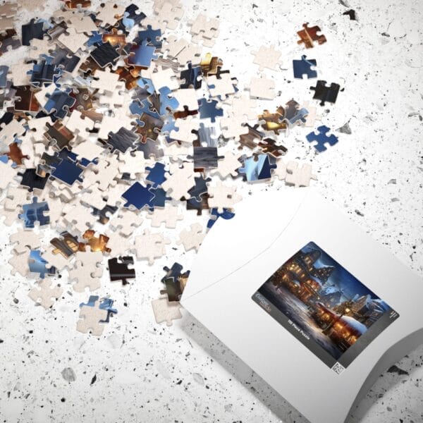 A box of Christmas Night in the Snow Puzzle pieces is spilled on a speckled surface. The box displays an image of the completed puzzle, which features a quaint village scene. A box of Christmas Night in the Snow Puzzle pieces is spilled on a speckled surface. The box displays an image of the completed puzzle, which features a quaint village scene.