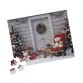 Christmas Doorway Puzzle (available in 110, 252, and 520 pieces), featuring a festive holiday scene with a teddy bear seated on a chair amidst snow-laden Christmas trees and presents near a door adorned with a wreath.