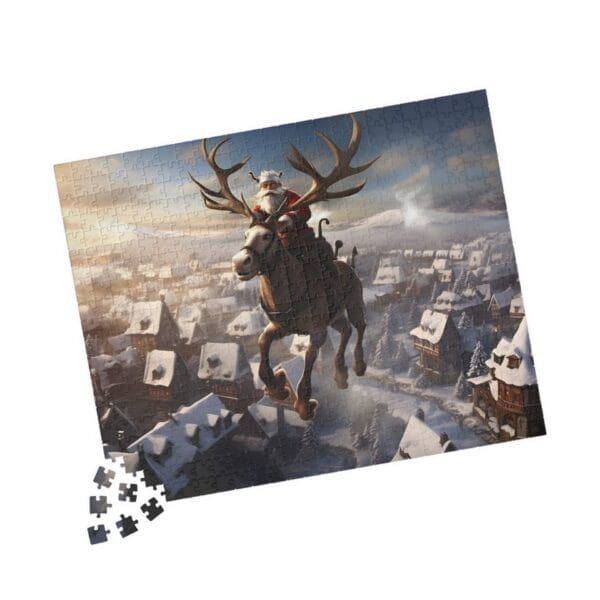 A Santa with Flying Reindeer Puzzle, showcasing Santa Claus riding a reindeer over a snowy village, with some pieces missing.