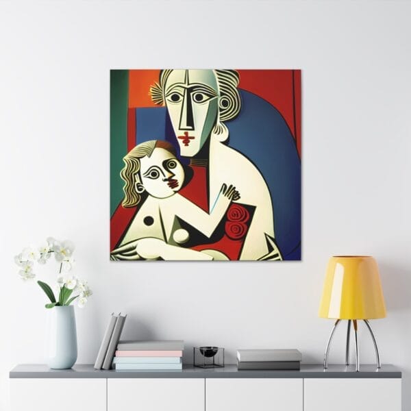 The Mother's Love Cubism Art Canvas, featuring a geometric abstract design in the style of Picasso's cubism, adorns a white wall above a shelf holding a yellow lamp, books, and a vase filled with flowers. The Mother's Love Cubism Art Canvas, featuring a geometric abstract design in the style of Picasso's cubism, adorns a white wall above a shelf holding a yellow lamp, books, and a vase filled with flowers.