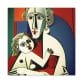Mother's Love Cubism Art Canvas showcases an abstract depiction of two stylized figures in an embrace, characterized by geometric shapes and vibrant colors, echoing the modern art style inspired by Picasso's cubism.