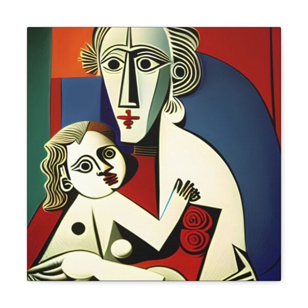 Discover the Mother's Love Cubism Art Canvas, featuring a geometric and stylized depiction of a person holding a child, characterized by bold colors and distinctive lines reminiscent of Picasso's cubism.