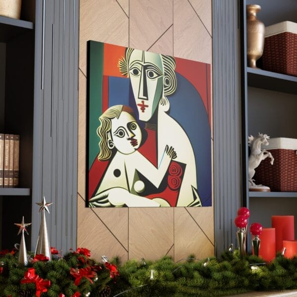 A vibrant Mother's Love Cubism Art Canvas hovers above the wood-paneled wall, encircled by shelves adorned with books, decorations, and Christmas garland. A vibrant Mother's Love Cubism Art Canvas hovers above the wood-paneled wall, encircled by shelves adorned with books, decorations, and Christmas garland.