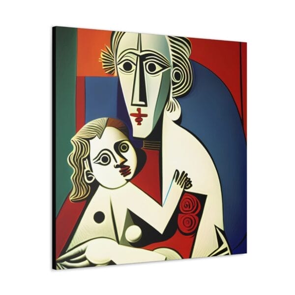 The "Mother's Love Cubism Art Canvas" depicts a stylized painting of a person holding a child, featuring geometric shapes and bold colors in the iconic style of Picasso's cubism art. The "Mother's Love Cubism Art Canvas" depicts a stylized painting of a person holding a child, featuring geometric shapes and bold colors in the iconic style of Picasso's cubism art.