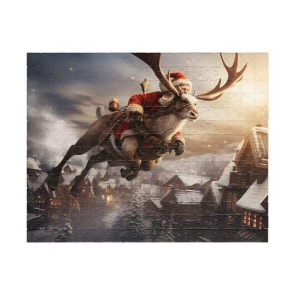 A jigsaw puzzle titled "Santa's Flying Reindeer," depicting Santa Claus riding a reindeer over a snow-dusted village at dusk, complete with snow-covered rooftops and cloudy skies. Available in 110, 252, or 520 pieces. A jigsaw puzzle titled "Santa's Flying Reindeer," depicting Santa Claus riding a reindeer over a snow-dusted village at dusk, complete with snow-covered rooftops and cloudy skies. Available in 110, 252, or 520 pieces.