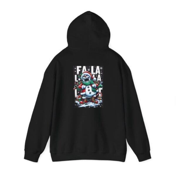 Happy Evil Snowman Unisex Heavy Blend™ Hooded Sweatshirt in black, showcasing a festive design with a snowman and the text "Fa La La La" on the back.