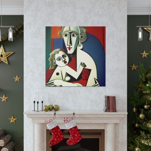 The Mother's Love Cubism Art Canvas hangs above a fireplace on white walls. Green walls with gold star decorations complement a Christmas tree on the right. Below the artwork, two red stockings complete this festive scene. The Mother's Love Cubism Art Canvas hangs above a fireplace on white walls. Green walls with gold star decorations complement a Christmas tree on the right. Below the artwork, two red stockings complete this festive scene.