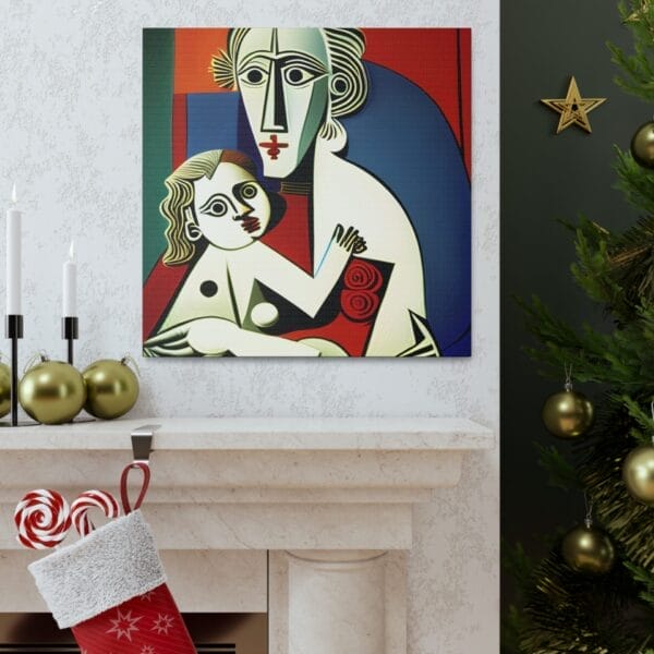 A "Mother's Love Cubism Art Canvas" hangs above the fireplace adorned with a stocking and candlesticks. To the right, a decorated Christmas tree adds to the festive ambiance. A "Mother's Love Cubism Art Canvas" hangs above the fireplace adorned with a stocking and candlesticks. To the right, a decorated Christmas tree adds to the festive ambiance.