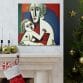 A "Mother's Love Cubism Art Canvas" hangs above the fireplace adorned with a stocking and candlesticks. To the right, a decorated Christmas tree adds to the festive ambiance.