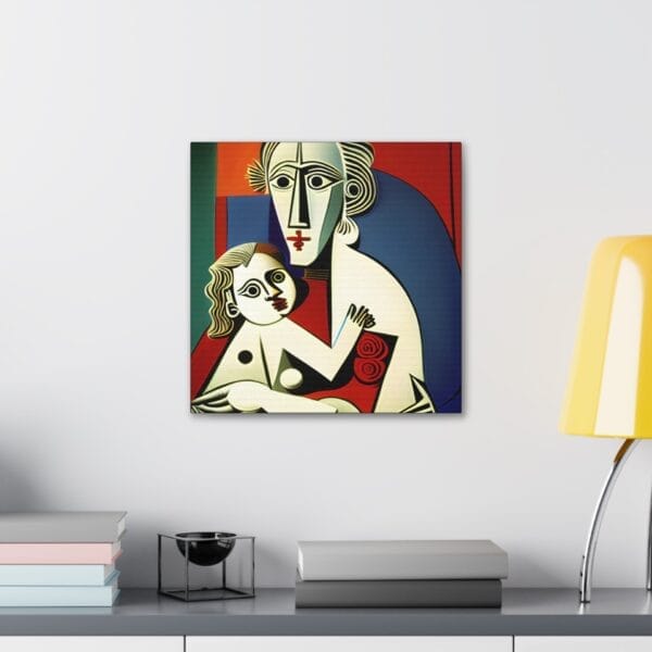 The "Mother's Love Cubism Art Canvas," showcasing two abstract figures in a style reminiscent of Picasso's cubism, is displayed on a white wall above a desk adorned with a yellow lamp, books, and a small bowl. The "Mother's Love Cubism Art Canvas," showcasing two abstract figures in a style reminiscent of Picasso's cubism, is displayed on a white wall above a desk adorned with a yellow lamp, books, and a small bowl.