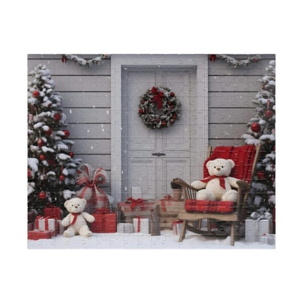 The Christmas Doorway Puzzle features a snow-dusted porch adorned with a festive wreath on the door, surrounded by decorated Christmas trees. Nestled on a wooden chair and the ground are two teddy bears and wrapped gifts. The Christmas Doorway Puzzle features a snow-dusted porch adorned with a festive wreath on the door, surrounded by decorated Christmas trees. Nestled on a wooden chair and the ground are two teddy bears and wrapped gifts.
