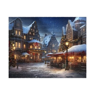 Experience the enchanting scene captured in the "Christmas Night in the Snow Puzzle," where a snow-covered European village square is beautifully illuminated with decorated Christmas trees, glowing shopfronts, and a vibrant festive market.