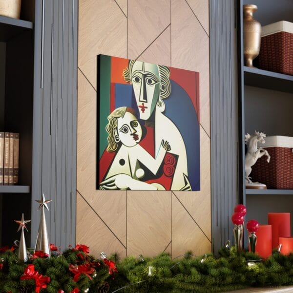 The Mother's Love Cubism Art Canvas, inspired by Picasso's cubism style, showcases abstract human figures and is mounted on a wooden wall. Shelves holding books and red candles complement the canvas on either side, while a garland adorns its lower edge. The Mother's Love Cubism Art Canvas, inspired by Picasso's cubism style, showcases abstract human figures and is mounted on a wooden wall. Shelves holding books and red candles complement the canvas on either side, while a garland adorns its lower edge.