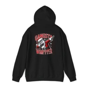 Black hoodie featuring a graphic of Santa Claus dabbing, accompanied by the text "Gangster Wrapper.
