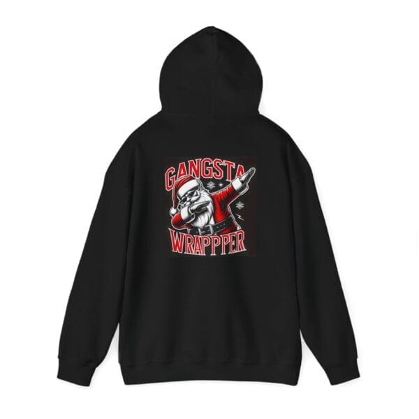Black hoodie featuring a graphic of Santa Claus dabbing, accompanied by the text "Gangster Wrapper. Black hoodie featuring a graphic of Santa Claus dabbing, accompanied by the text "Gangster Wrapper.
