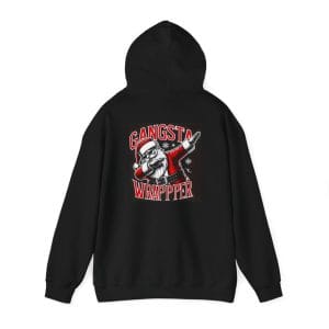 Black hoodie featuring a graphic of Santa Claus dabbing, accompanied by the text "Gangster Wrapper.