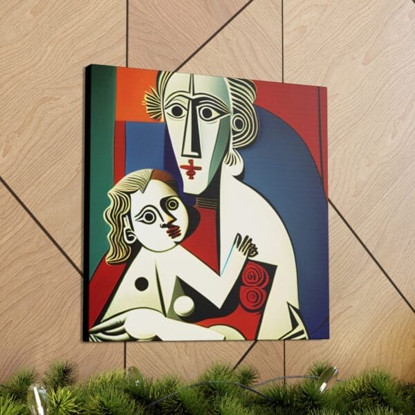 The "Mother's Love Cubism Art Canvas," featuring a person holding a child in geometric shapes and bold colors, enhances a wooden wall adorned with a garland below. The "Mother's Love Cubism Art Canvas," featuring a person holding a child in geometric shapes and bold colors, enhances a wooden wall adorned with a garland below.